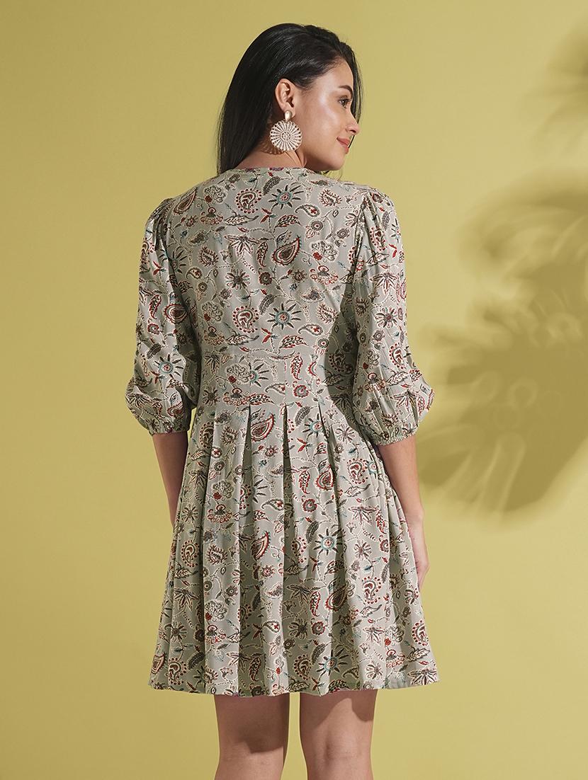 globus women grey v-neck puff sleeves paisley print lace insert pleated a-line fusion dress - 21704492 - Standard Image - 2