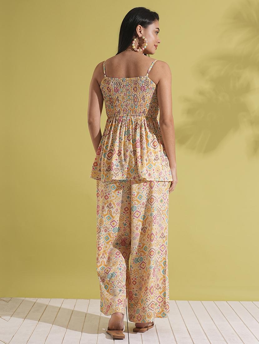 globus women yellow indie print strappy shoulder smocked peplum top & palazzos fusion co-ord set - 21704496 - Standard Image - 2