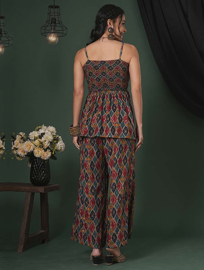 globus women multi-color indie print strappy shoulder smocked peplum top & palazzos fusion co-ord set - 21704497 -  Standard Image - 2