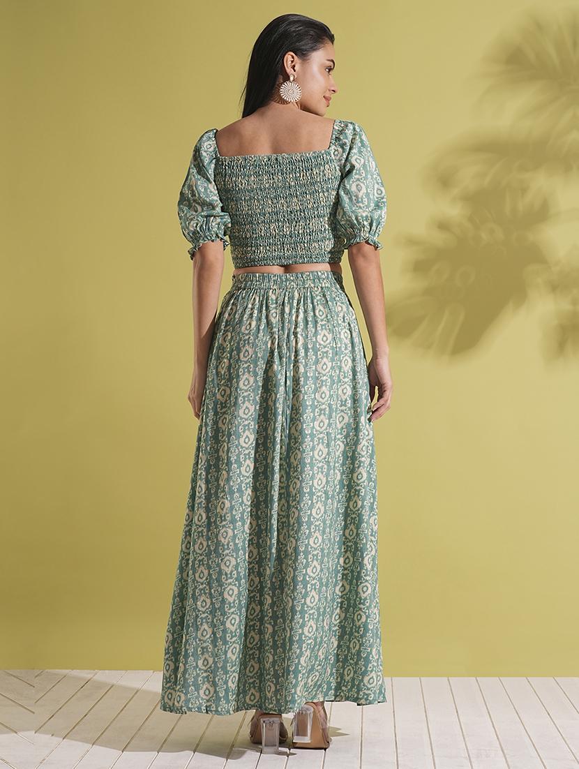 globus women green indie print square neck puff sleeves smocked crop top & maxi skirt fusion co-ord set - 21704498 - Standard Image - 2