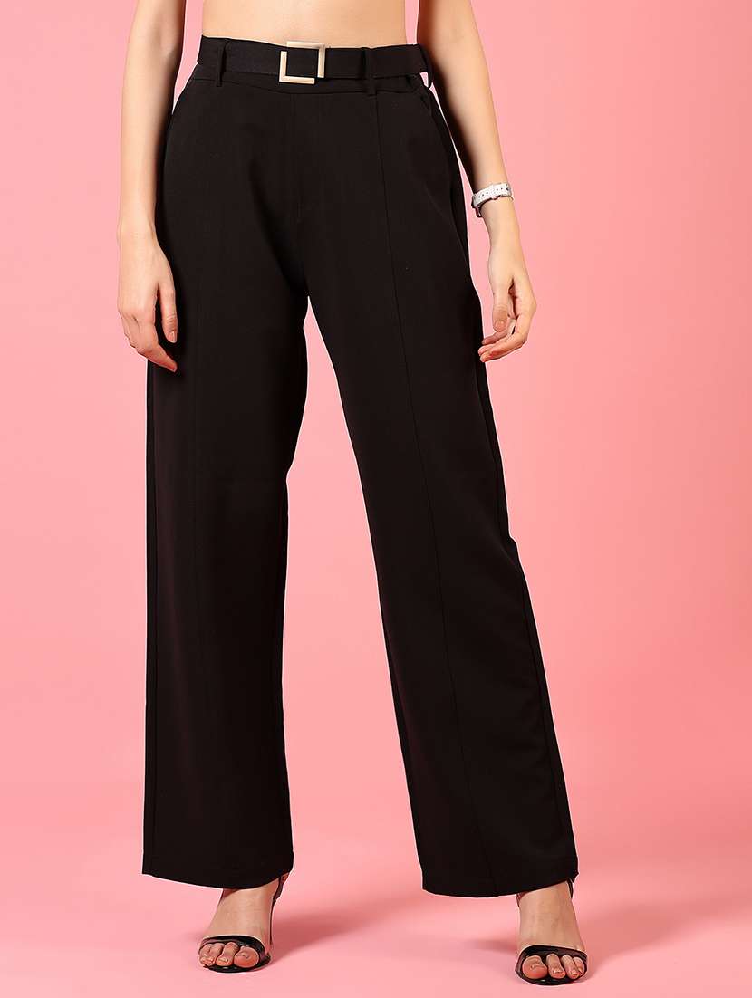 women solid high rise straight trouser