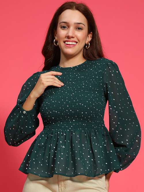 women green printed long sleeve peplum top - 21705425 -  Standard Image - 0