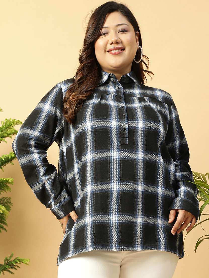women black checks long sleeve plus size top