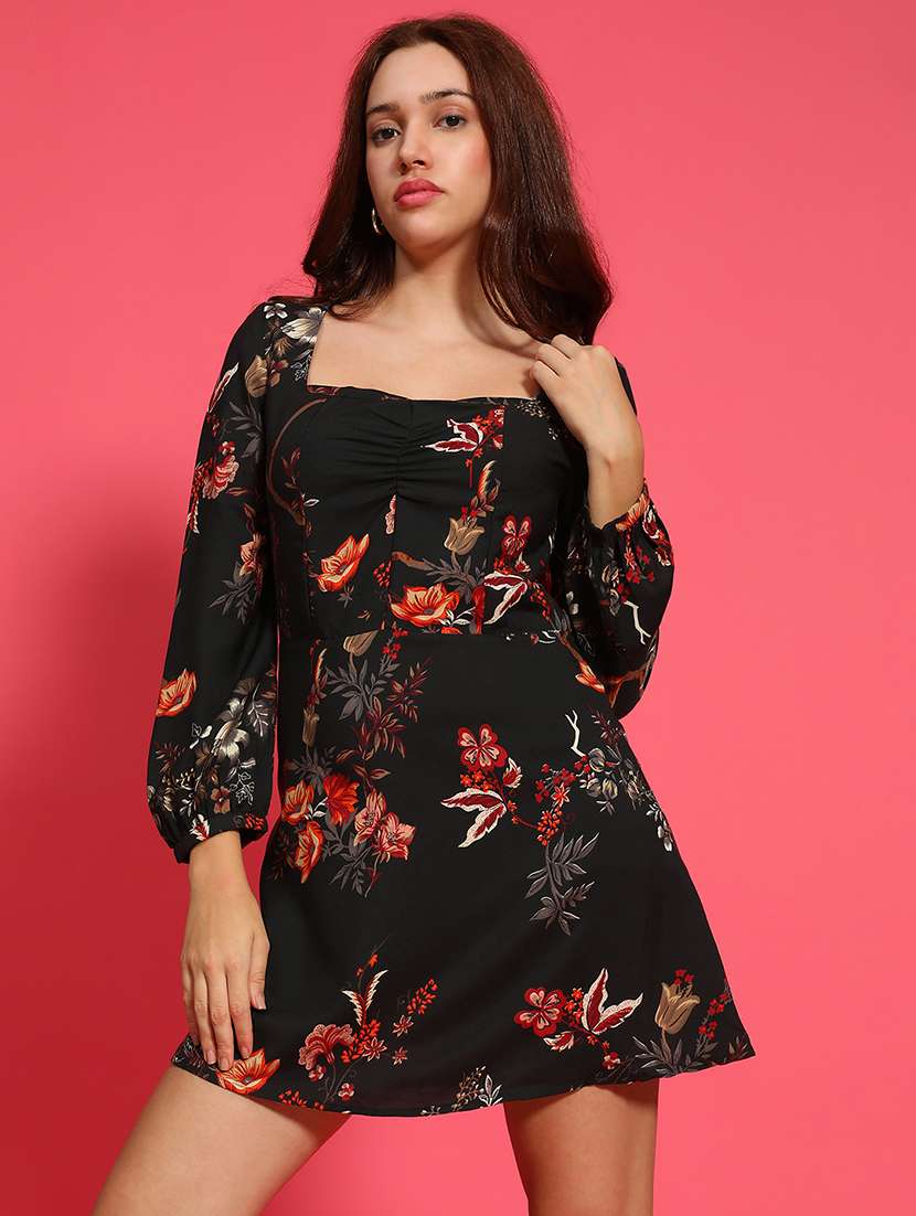 women floral print puff sleeves a-line dress