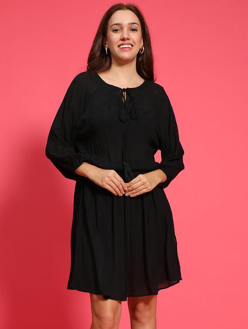 women solid tie up neck fit & flare dress - 21705515 - Standard Image - 0