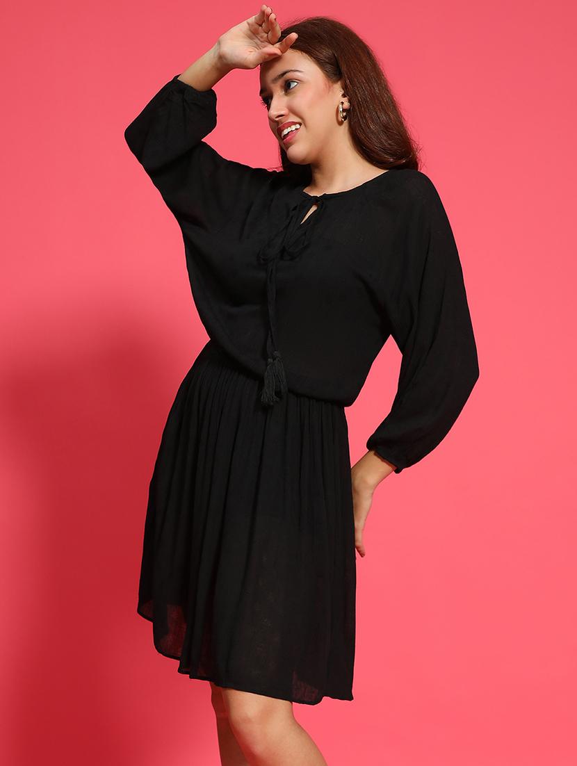 women solid tie up neck fit & flare dress - 21705515 - Standard Image - 2