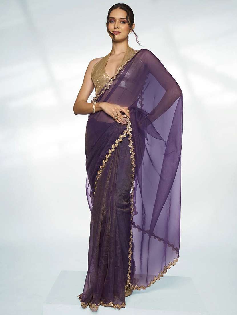 women plain sequin lace work saree with blouse