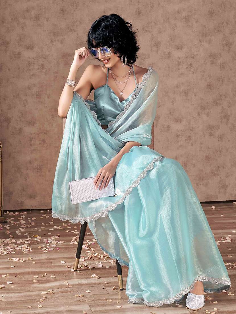 women light blue plain lace work saree with blouse - 21705558 - Standard Image - 2