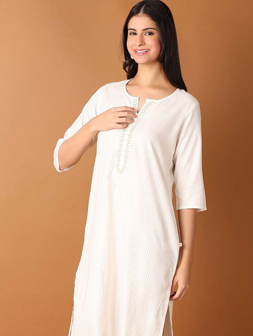 women stripes notch neck straight kurta - 21705596 -  Standard Image - 2