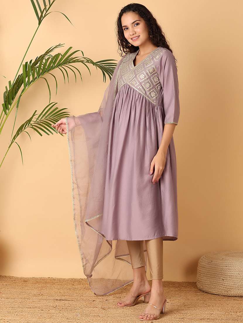 women mirror work v neck a-line kurta - 21705599 -  Standard Image - 2