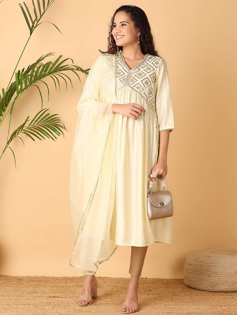 women mirror work v neck a-line kurta - 21705600 -  Standard Image - 2