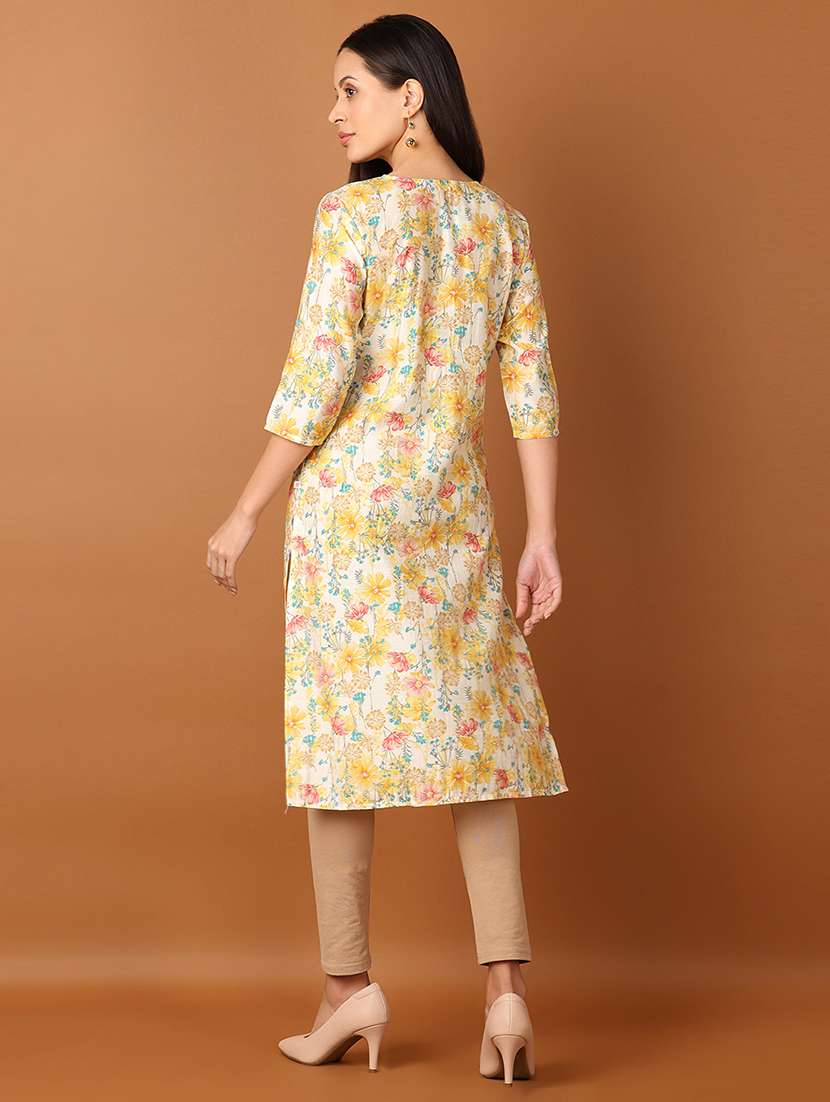 women floral printed three quarter sleeve straight kurta - 21705605 -  Standard Image - 2