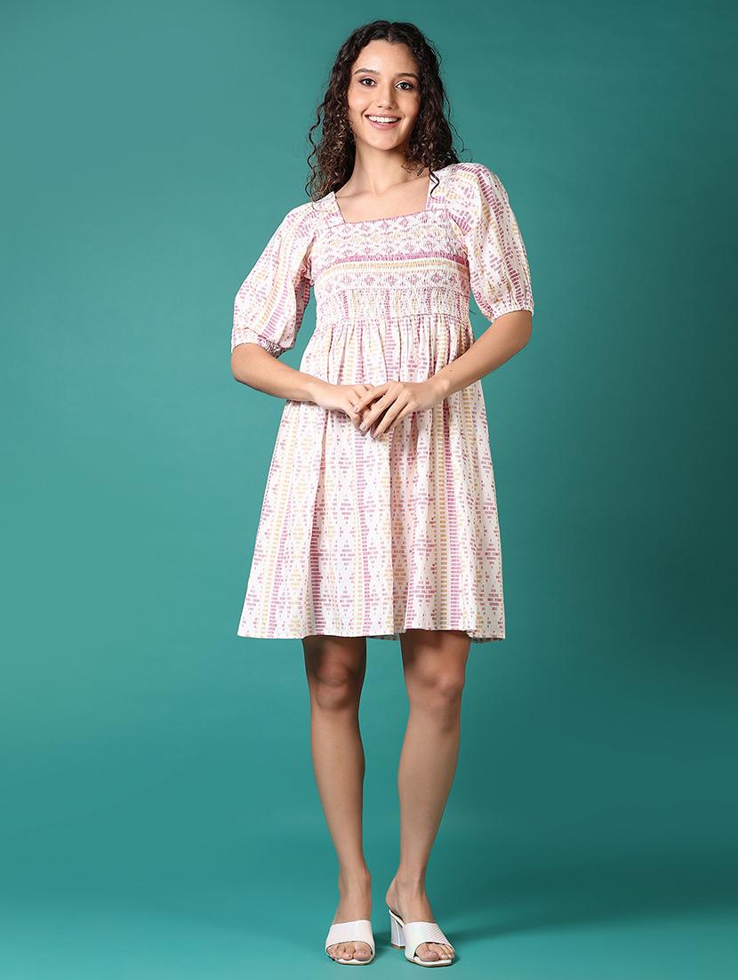 women printed puff sleeves fit & flare dress - 21705621 - Zoom Image - 0