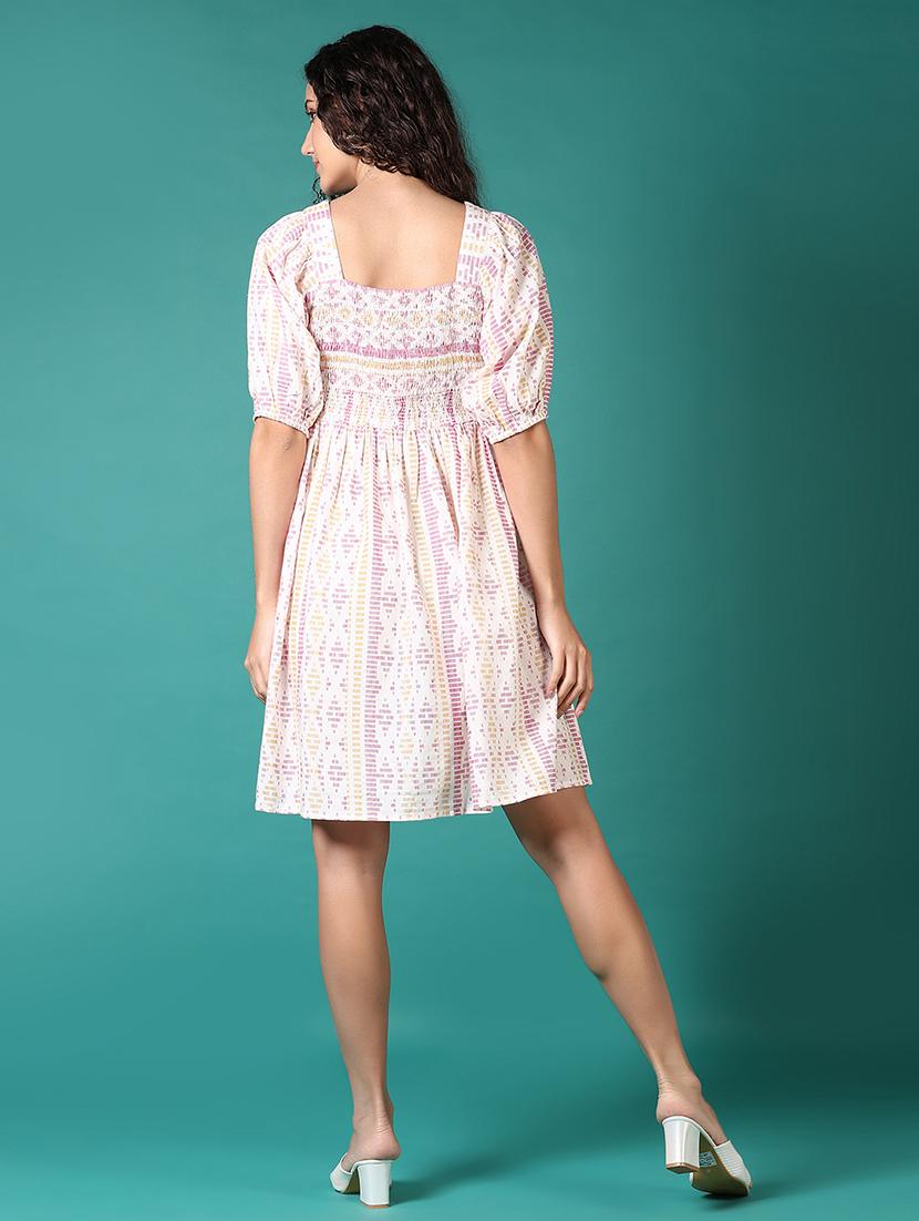 women printed puff sleeves fit & flare dress - 21705621 - Standard Image - 2