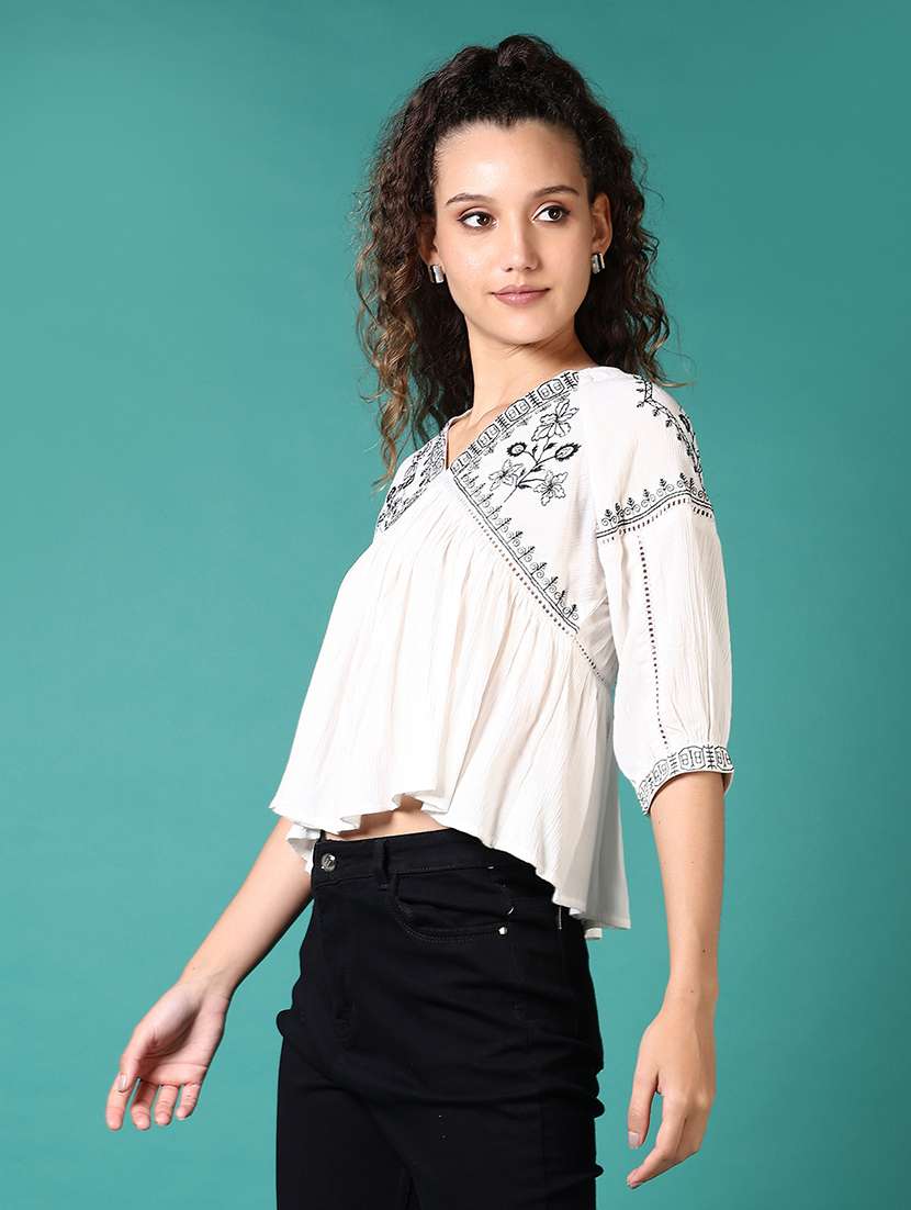 women embroidered puff sleeves a-line top - 21705624 -  Standard Image - 2