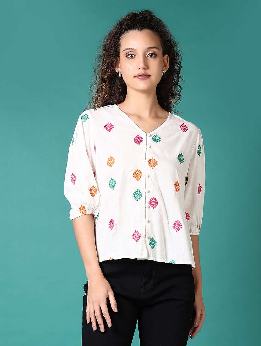 women embroidered puff sleeves regular top - 21705631 -  Standard Image - 2