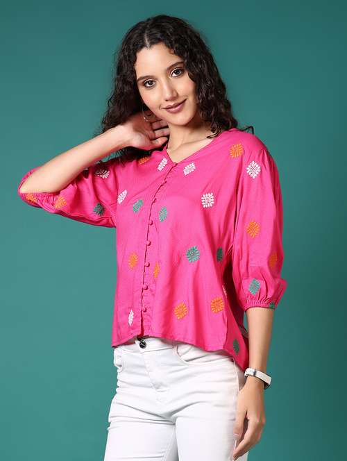 women embroidered puff sleeves top