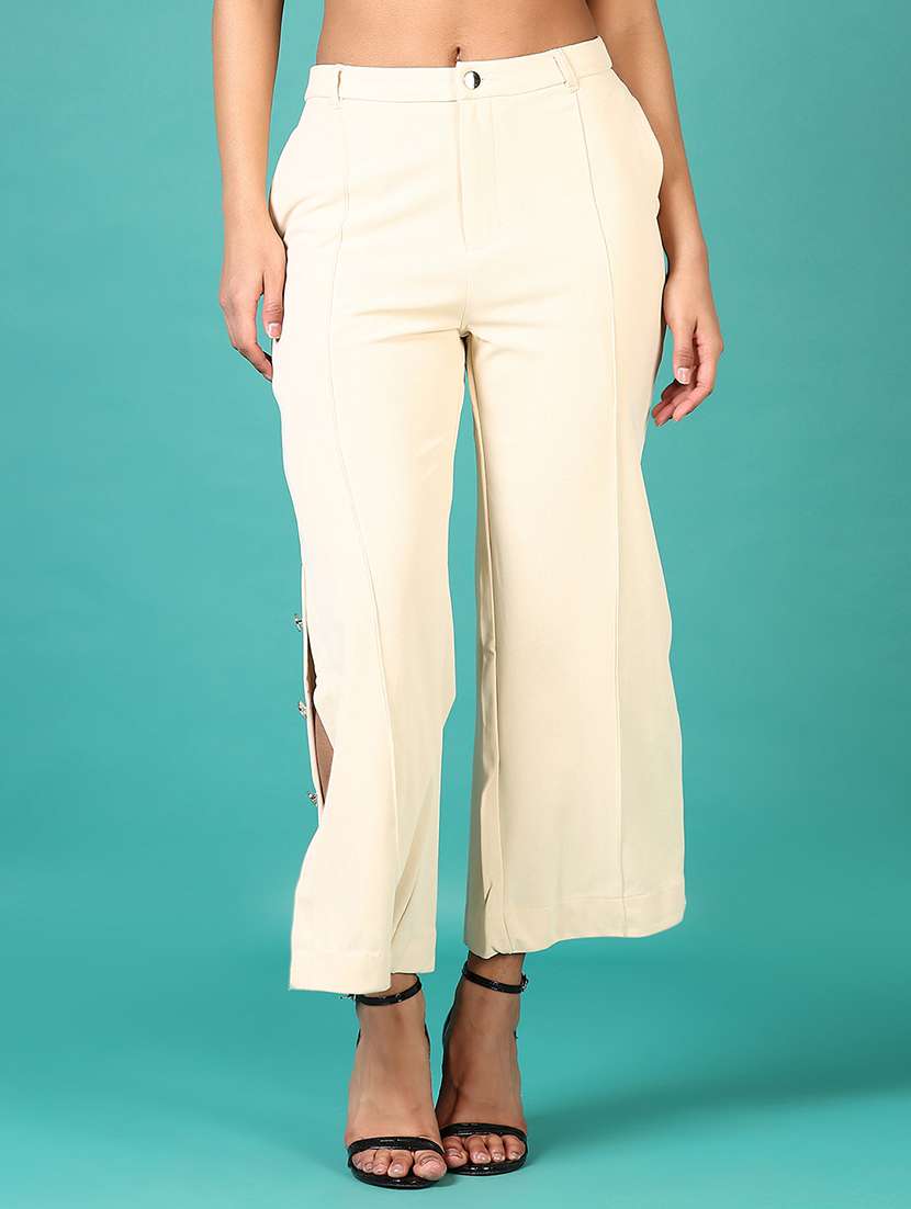 women mid rise solid wide leg trouser