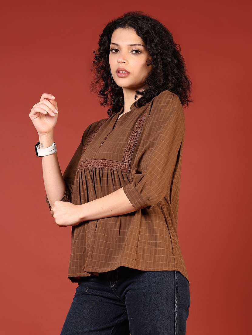 women checkered mandarin neck a-line top - 21705781 -  Standard Image - 2