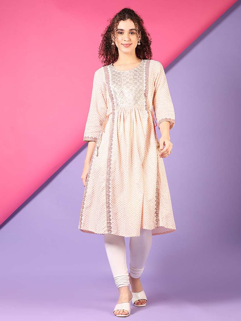 women embroidered three quarter sleeve a-line kurta