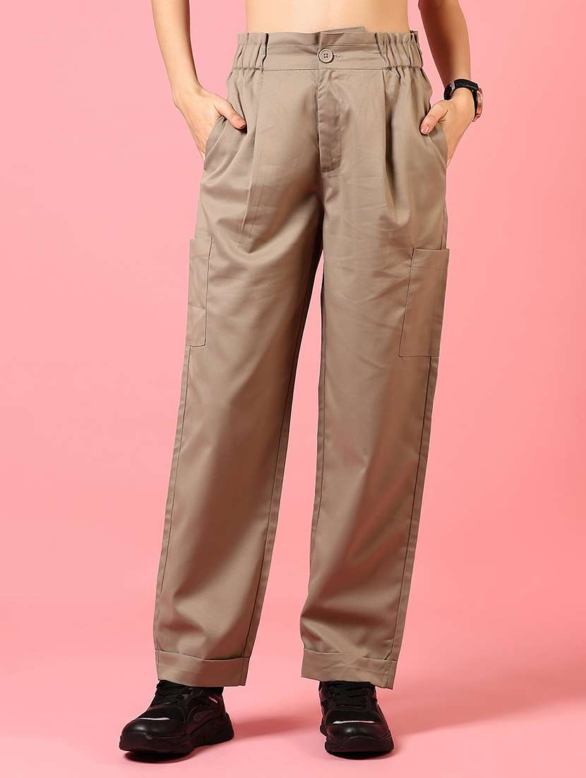 women solid high rise straight trouser