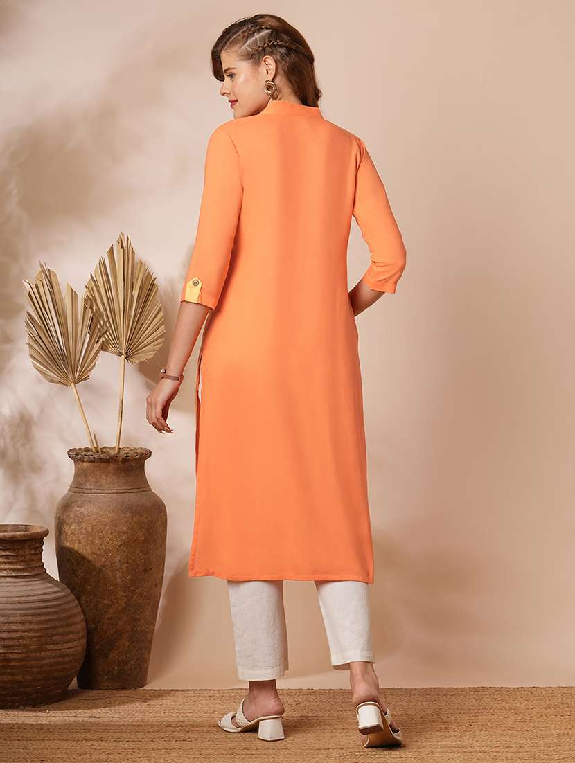 women solid three quarter sleeve straight kurta - 21707204 - Standard Image - 2
