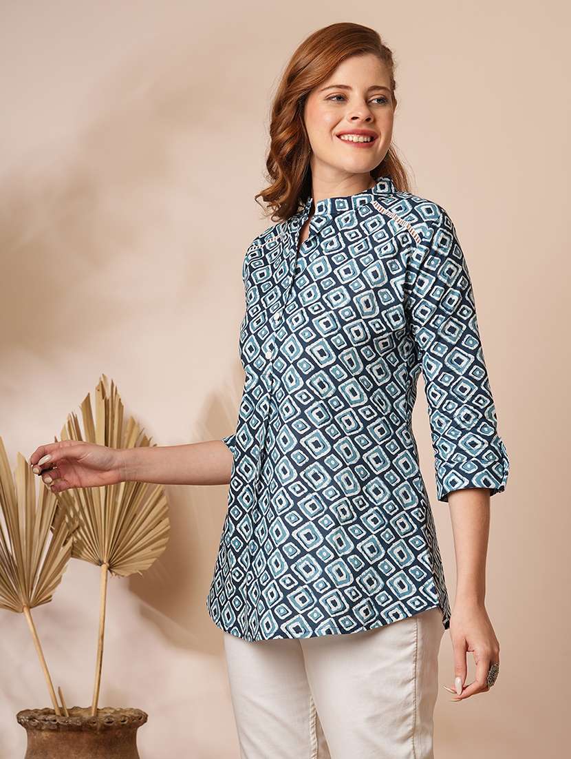 women printed three quarter sleeve a-line top - 21707215 -  Standard Image - 2