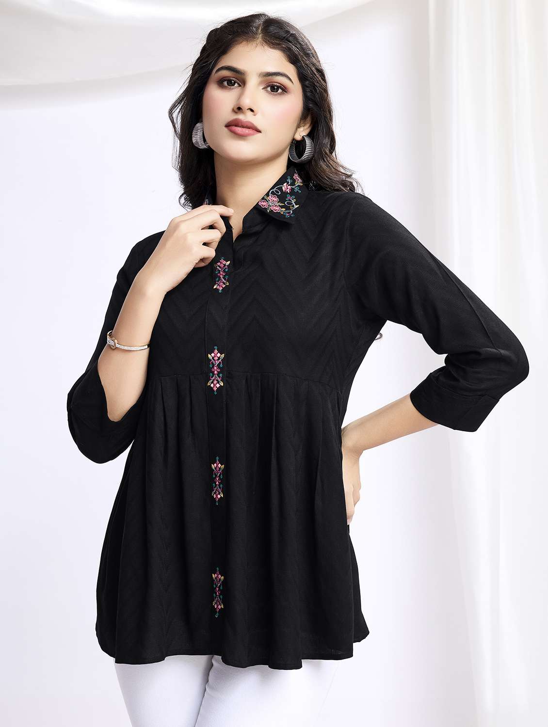 women embroidered three quarter sleeve a-line kurta