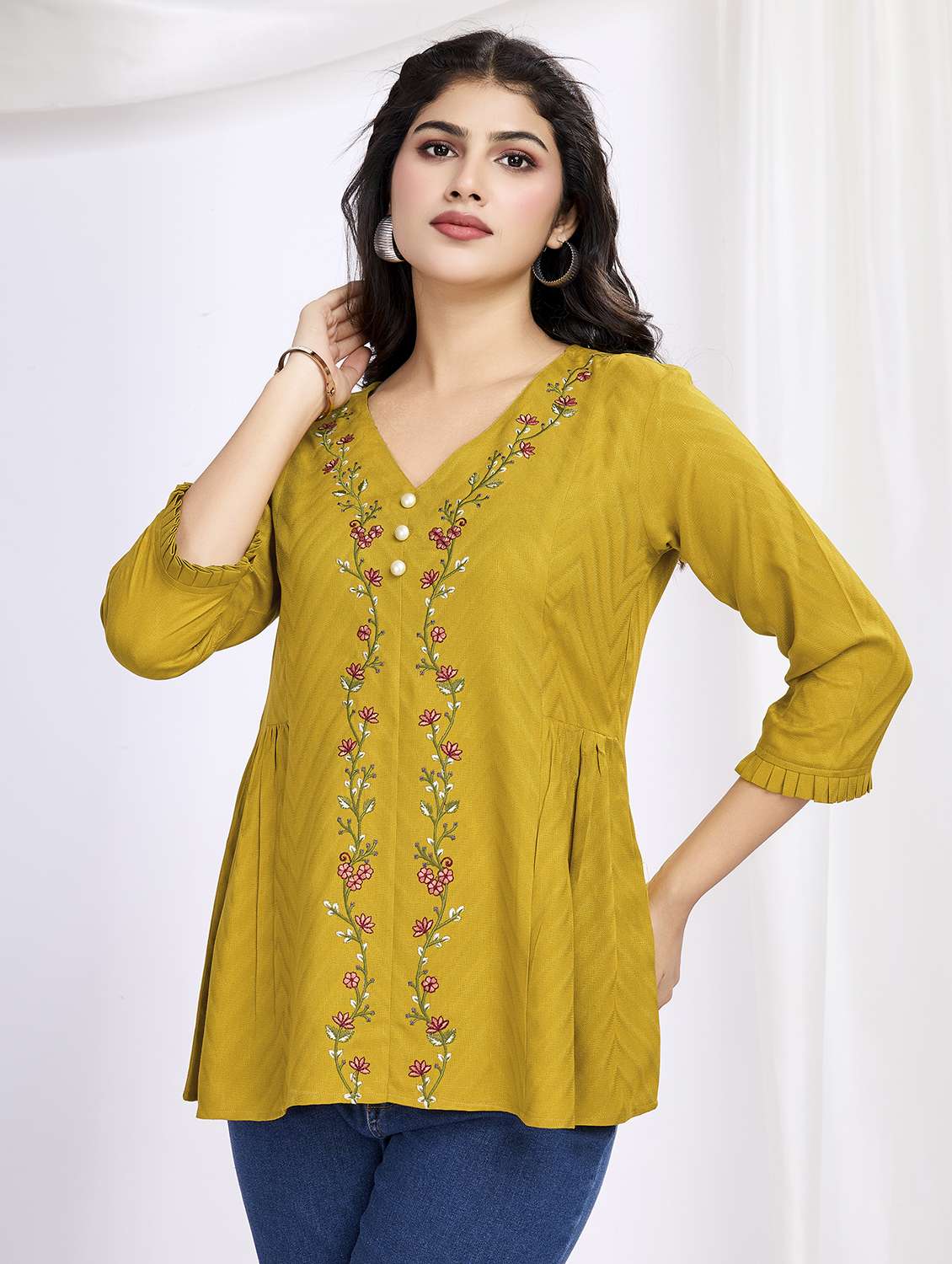 women embroidered three quarter sleeve a-line kurta
