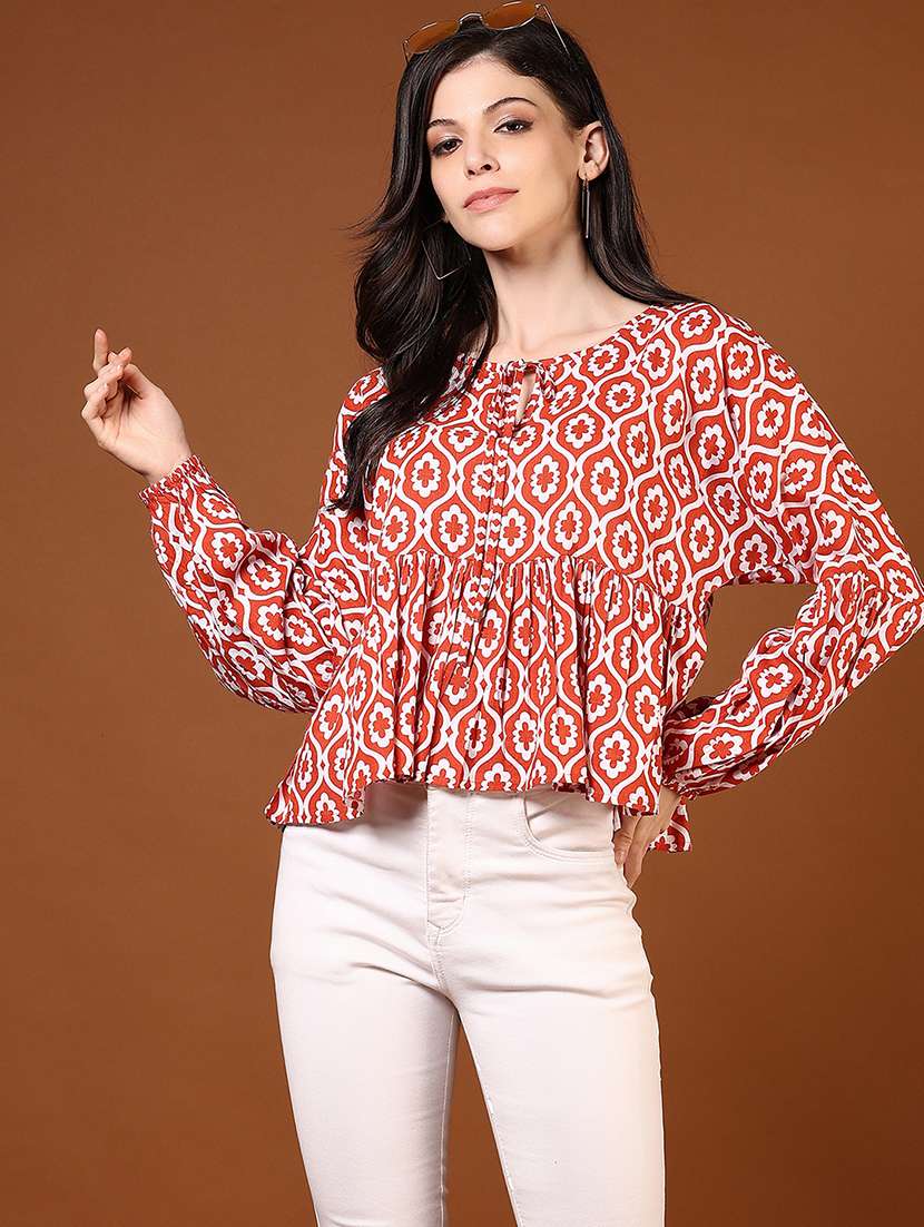 women rust printed long sleeve flared top
