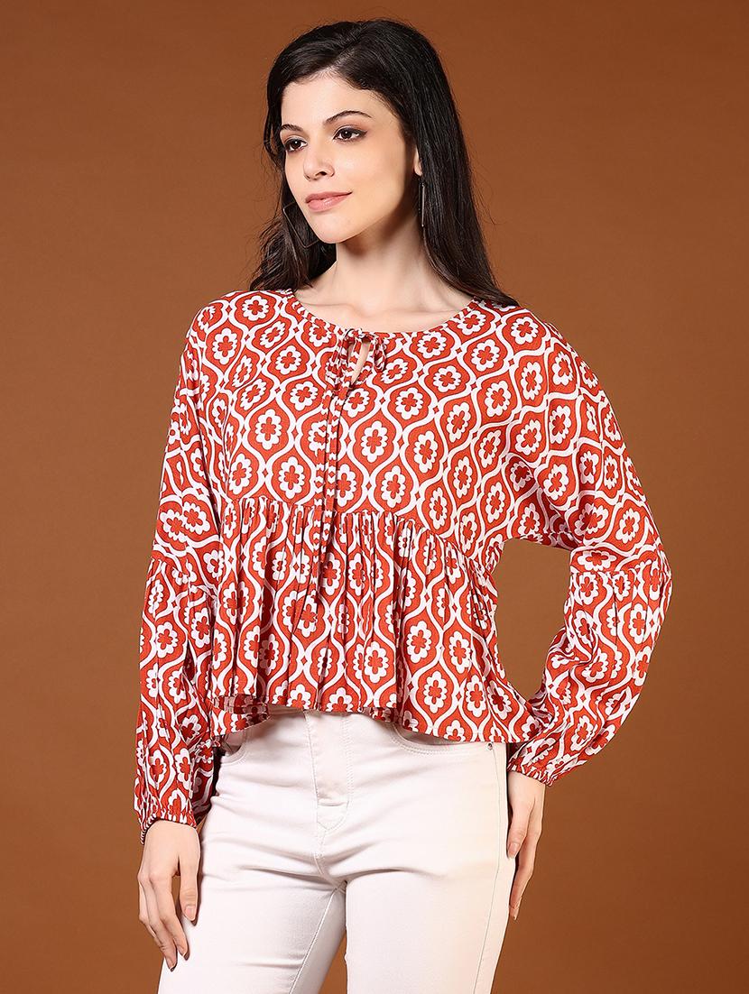 women rust printed long sleeve flared top - 21707438 - Standard Image - 2
