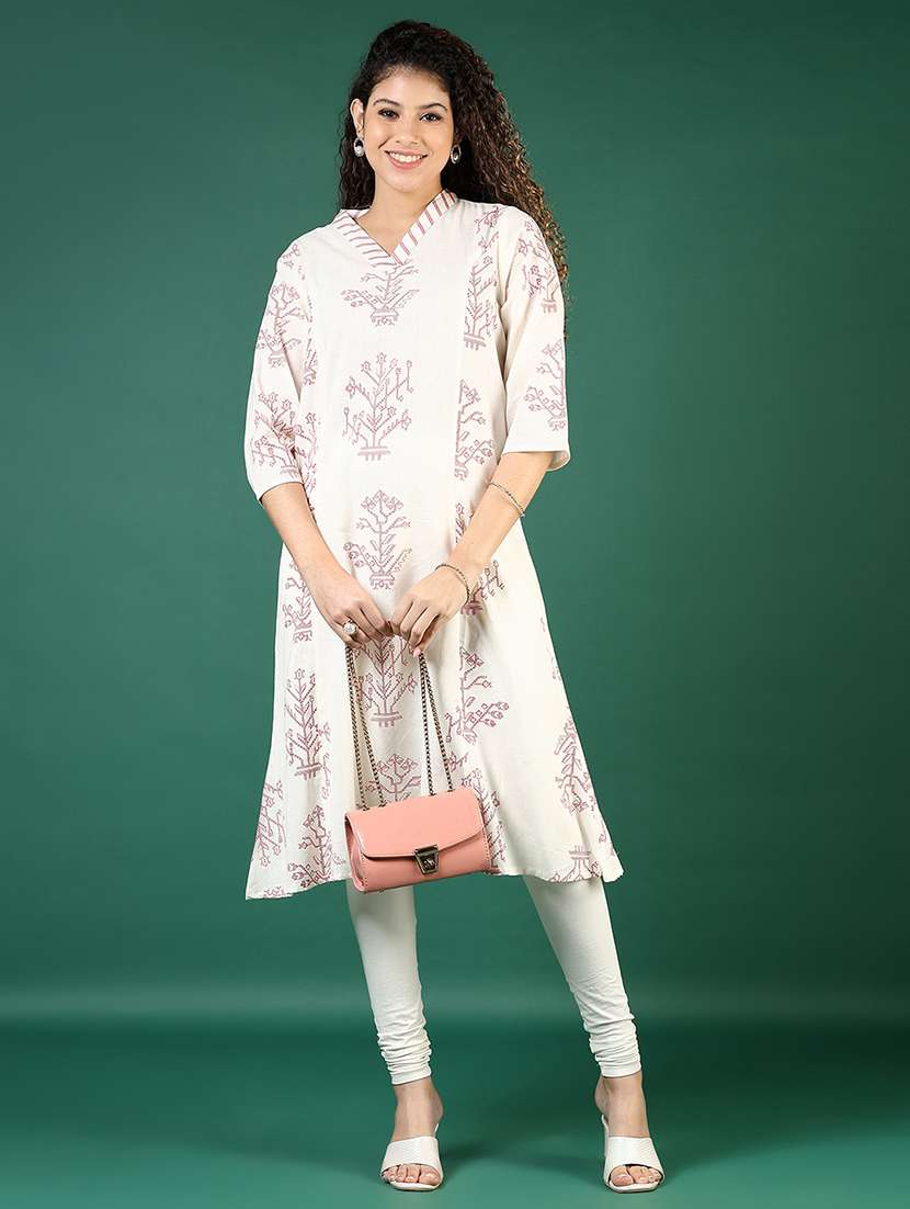women printed three quarter sleeve a-line kurta