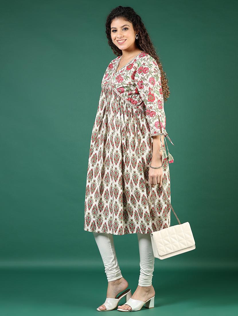 women floral three quarter sleeve flared kurta - 21707441 - Zoom Image - 0