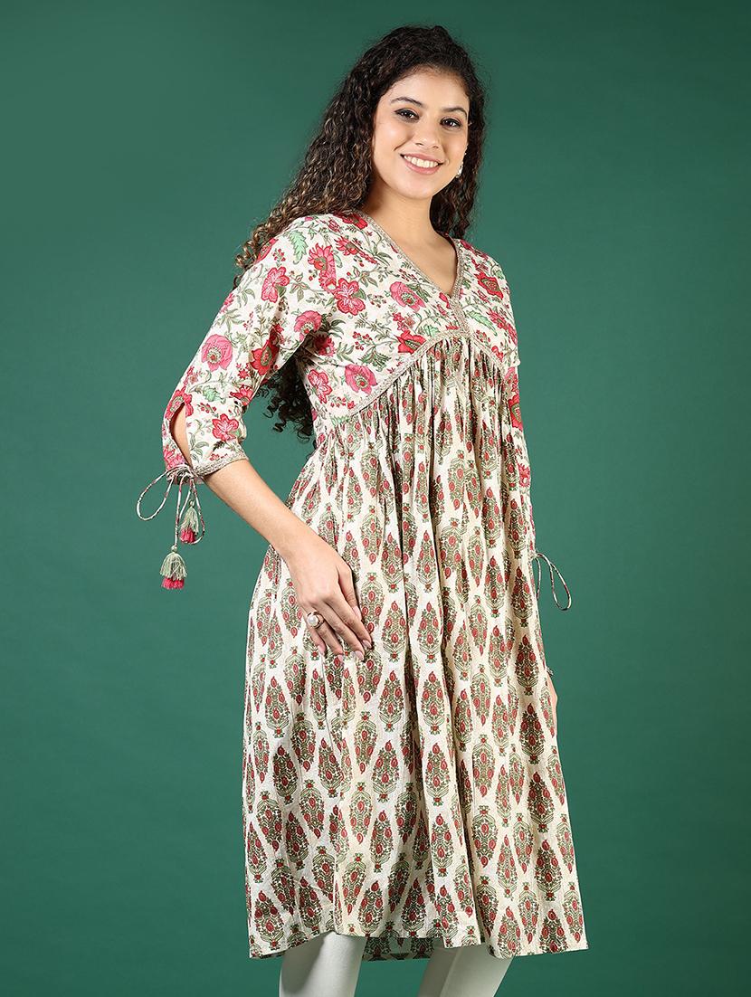 women floral three quarter sleeve flared kurta - 21707441 - Standard Image - 2