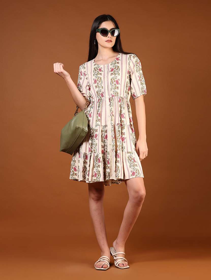 women floral printed puff sleeves tiered dress