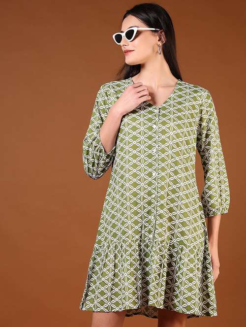 women green printed three quarter sleeve tiered dress - 21707444 -  Standard Image - 0
