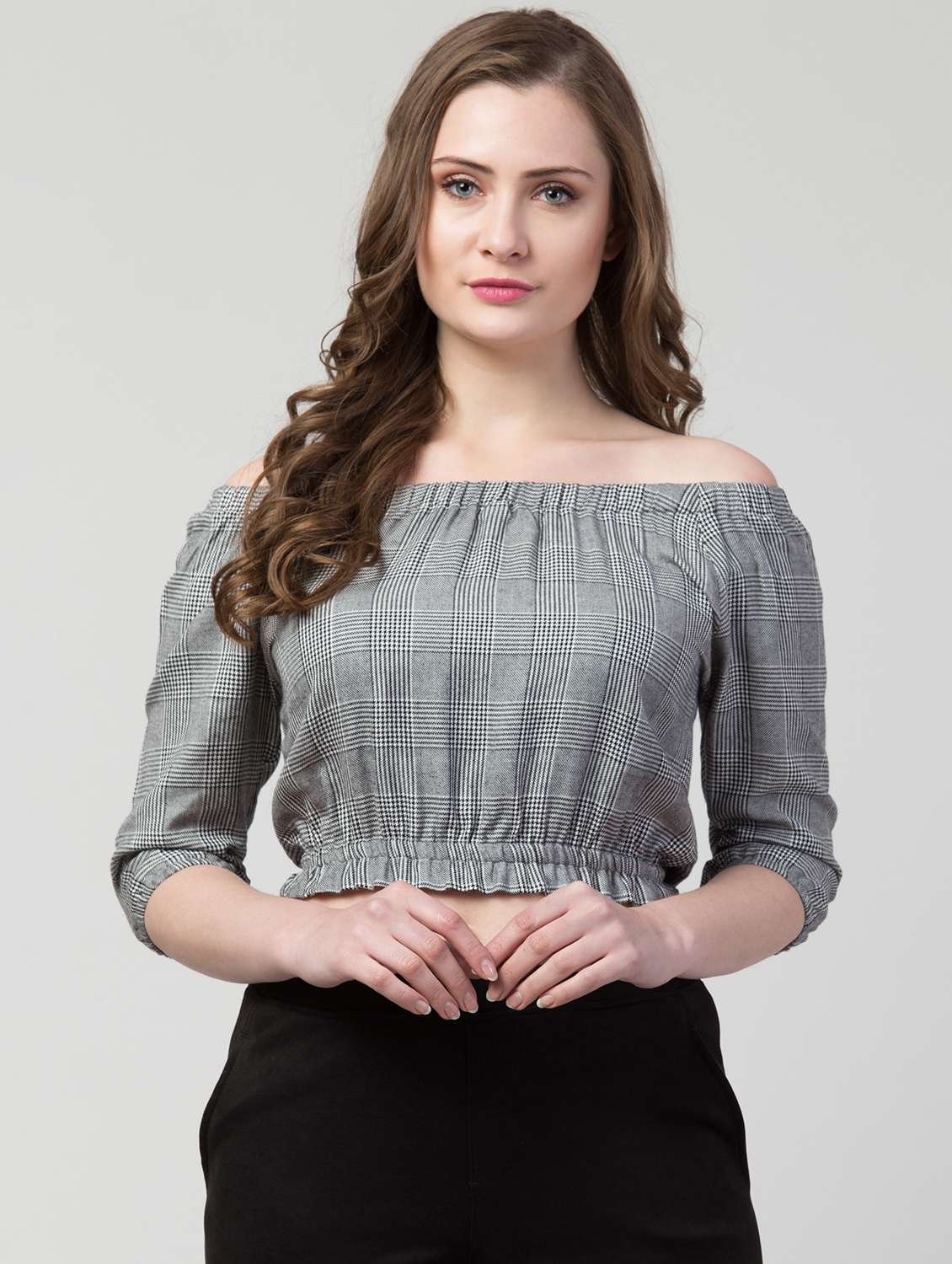 women checks off shoulder neck crop top