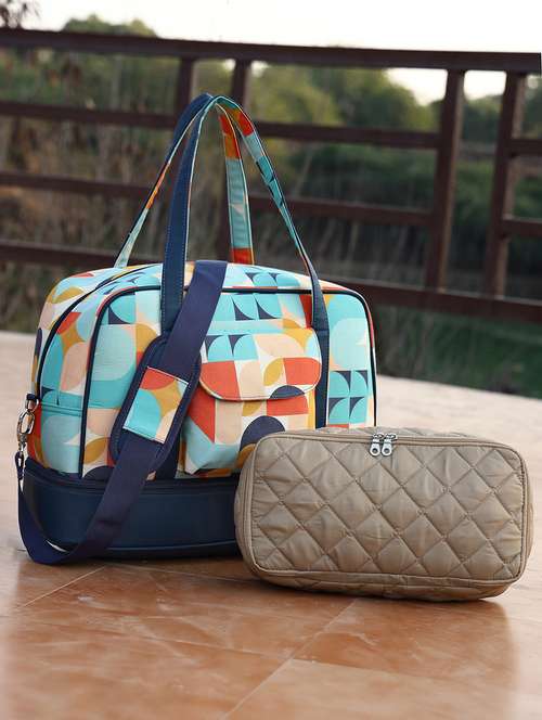 blue canvas printed utility bag with pouch