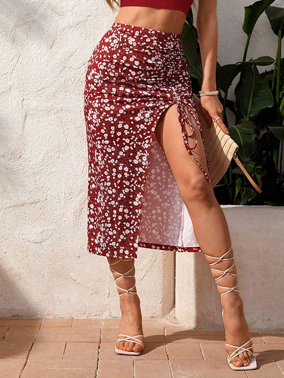 women printed high rise ruched skirt