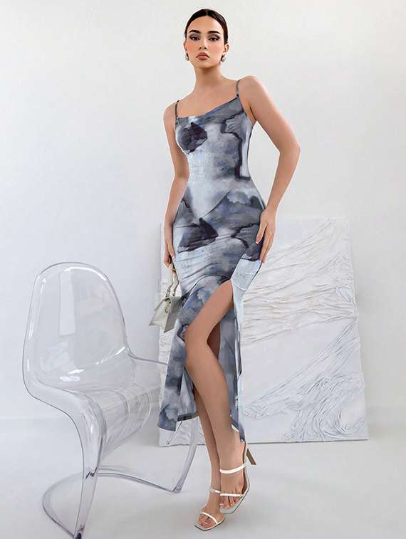 women printed shoulder strap ruched bodycon dress