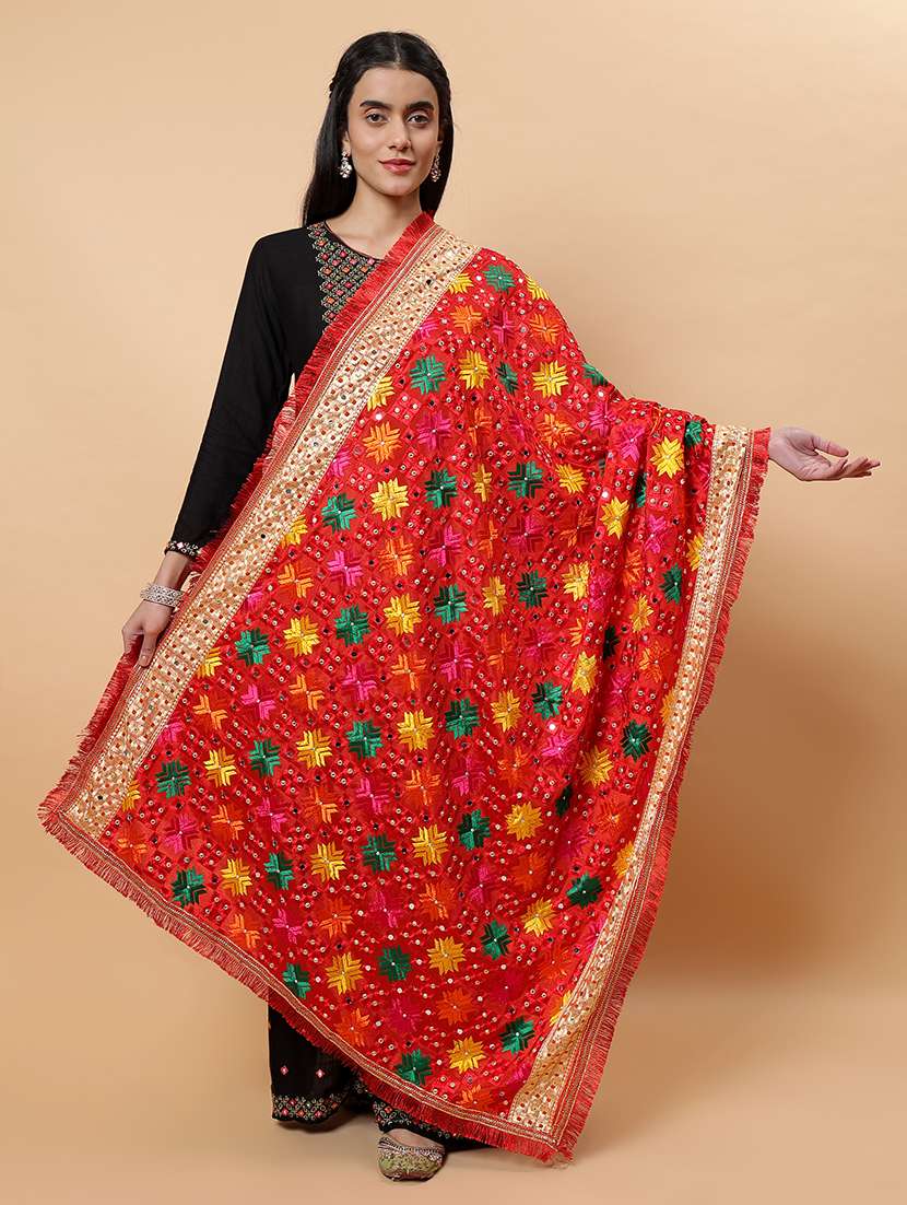 women phulkari dupatta with mirror work