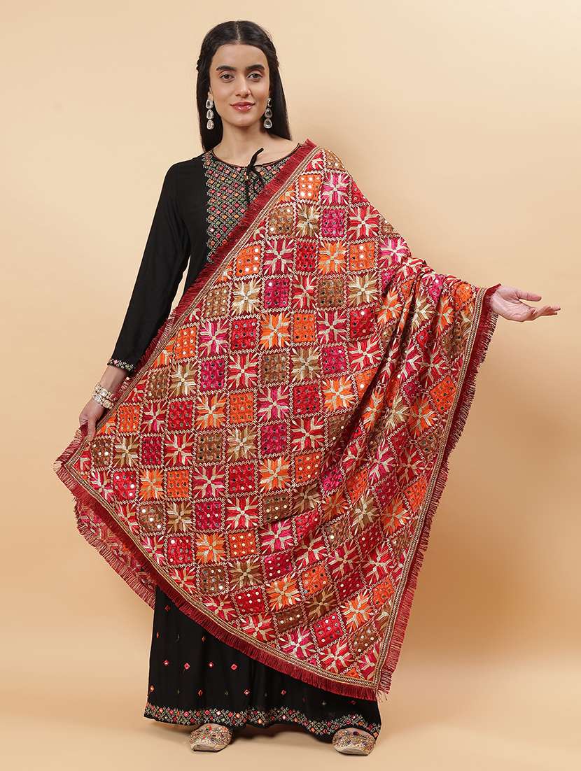women phulkari dupatta with mirror work