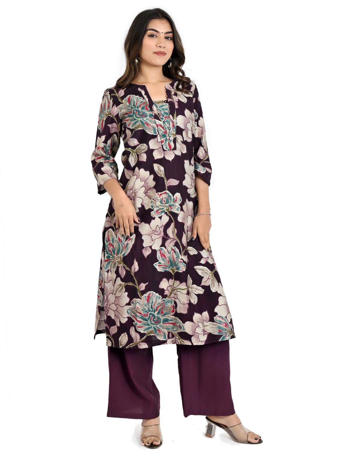 women floral three quarter sleeve staright kurta - 21708126 - Zoom Image - 0