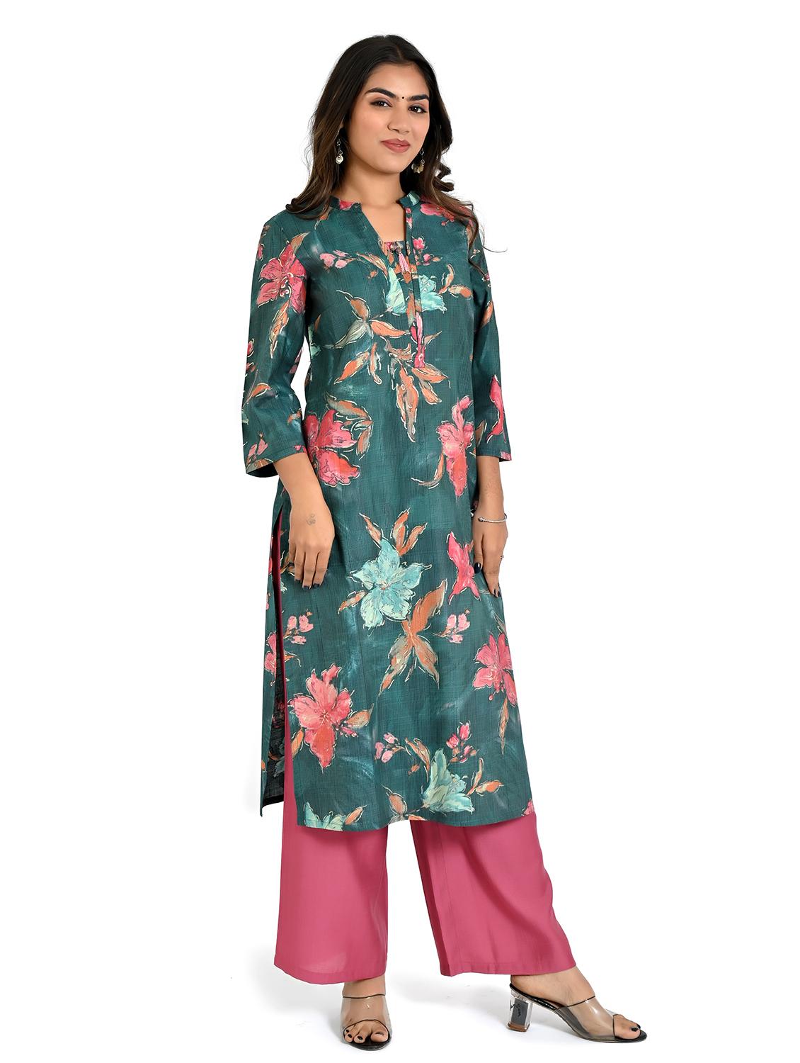 women floral three quarter sleeve staright kurta - 21708128 -  Zoom Image - 0