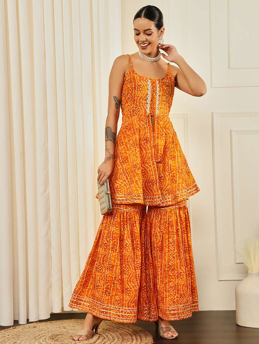 women bandhani printed kurta sharara set