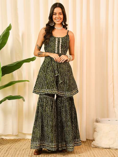 women bandhani printed kurta sharara set