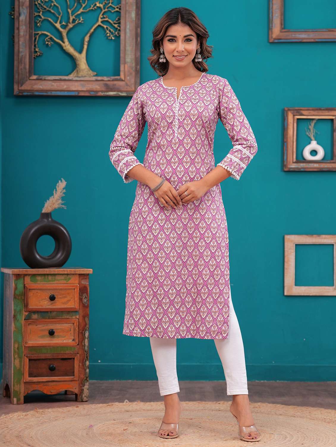 women floral three quarter sleeve straight kurta