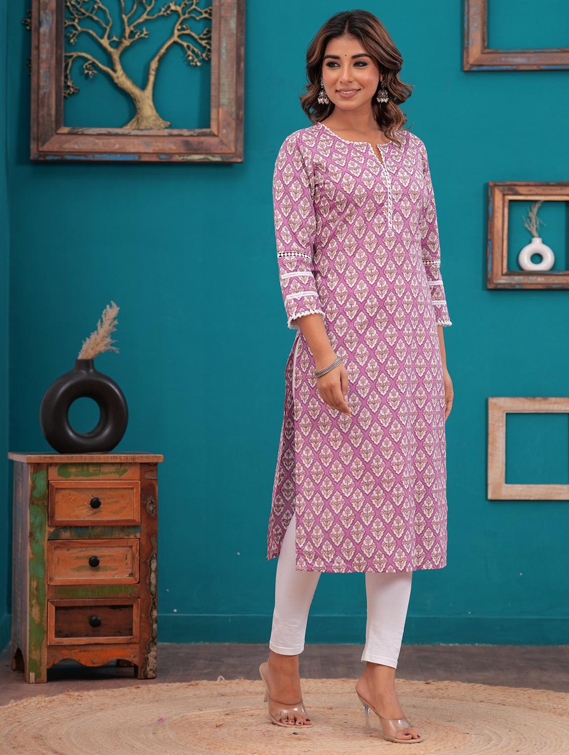 women floral three quarter sleeve straight kurta - 21709159 - Standard Image - 2