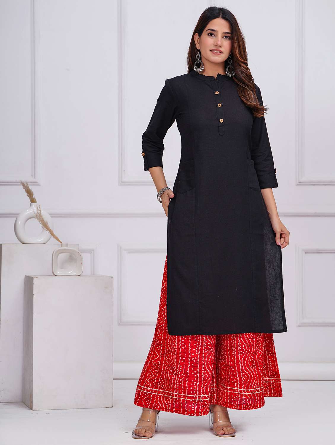 women solid three quarter sleeve straight kurta