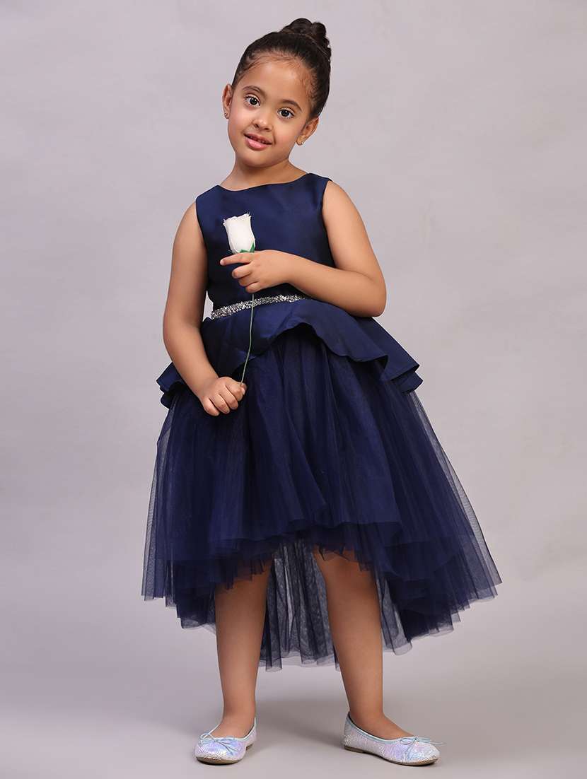 Girls Solid Sleeveless High Low Frock